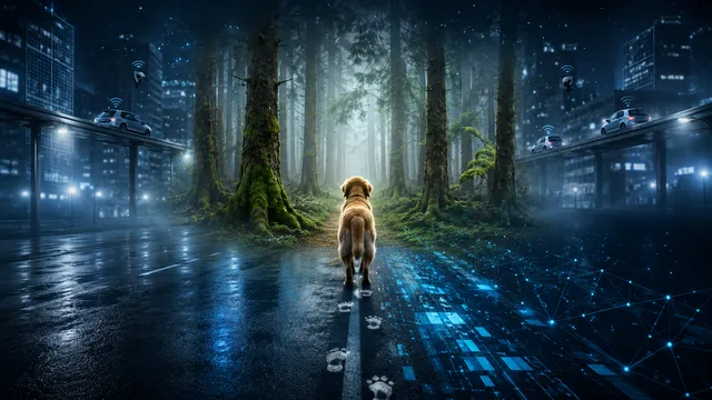 Dog walking toward a digital forest, illustrating the themes of After Technology by Sa Ju